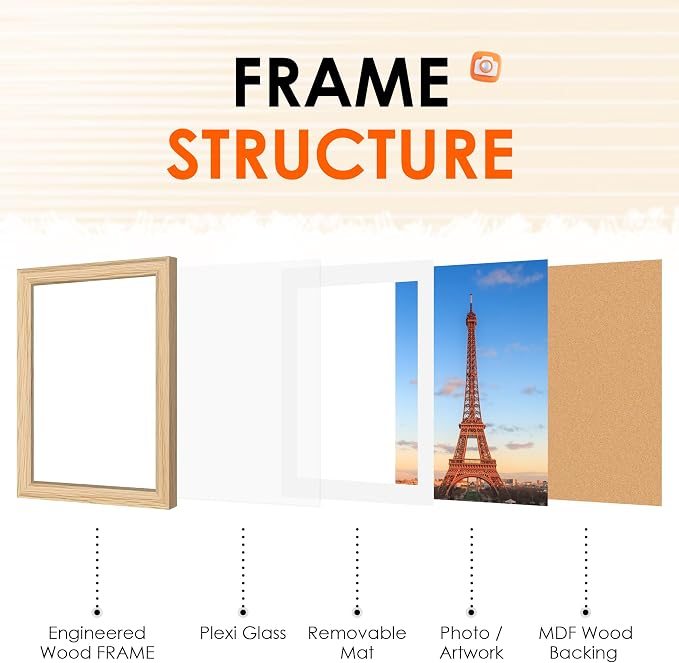 11x17 Picture Frame Natural Set of 2, Photo Frame with HD Plexiglass, Display Pictures 9x15 with Mat or 11x17 Without Mat, Natural Picture Frames Collage Wall Decor, Gallary Wall Frame