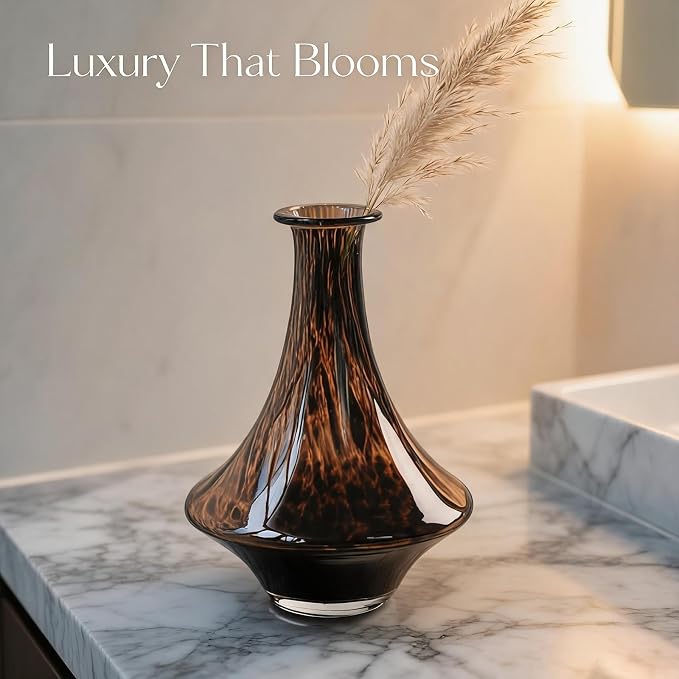 Unique Tortoise Shell Glass Vase, Brown Leopard Textured Decor Vase, Aesthetic Modern Ornament for Home Bedroom Living Room Office, Ideal for Housewarming Gifts and Home Decor Enthusiasts