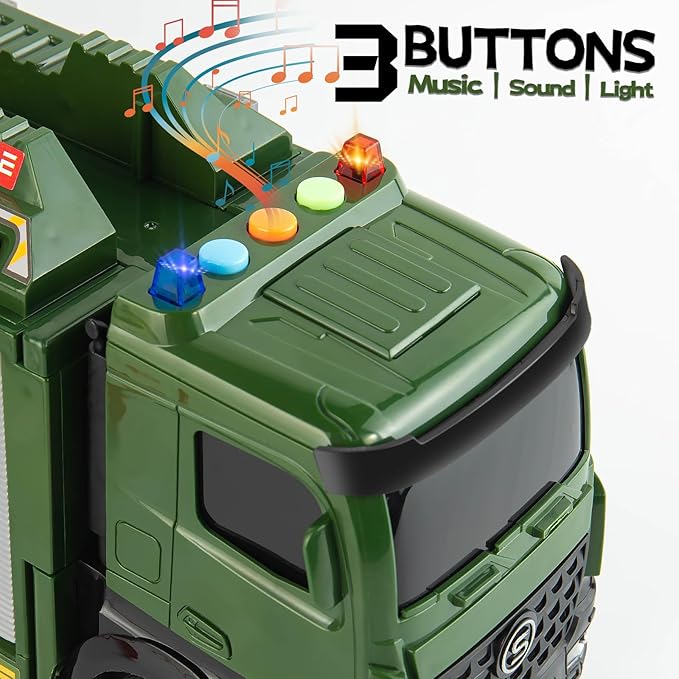 7 in 1 Military Truck Toys, with Rocket Launcher, 6 Mini Battle Vehicle Toy, Army Carrier Truck with Lights and Sounds, Green Toys Trucks Gifts for Toddler Kids Boys Girls Ages 4 5 6 7 8