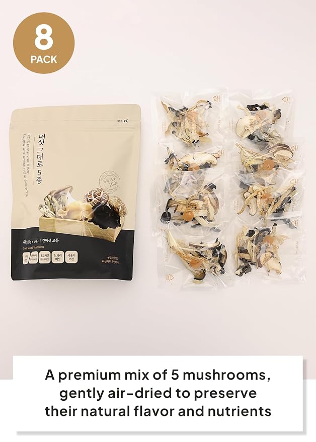Korean Food Dried Mixed Mushrooms, 5 Varieties, Low-Temp Dried, 8 Packs | Five varieties of low-temperature dried mushrooms packed in convenient individual portions