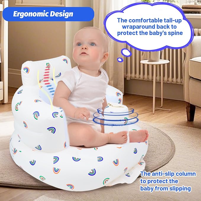AirSwim Inflatable Baby Chair, Baby Inflatable Seat for Babies 3 Months and Up Summer Inflatable Baby Seat for Sitting Up, Blow Up Baby Floor Seat with Built in Air Pump, Rainbow