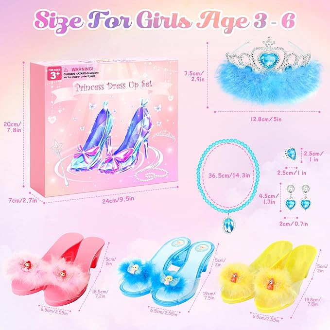 Princess Dress Up Shoes Set, Toddler Pretend Jewelry Boutique Kit, Girls Role Play Dress Up Toys, Princess Shoes Crown Necklace Earrings Ring Gift Set for Little Girls Aged 3-6 Years Old