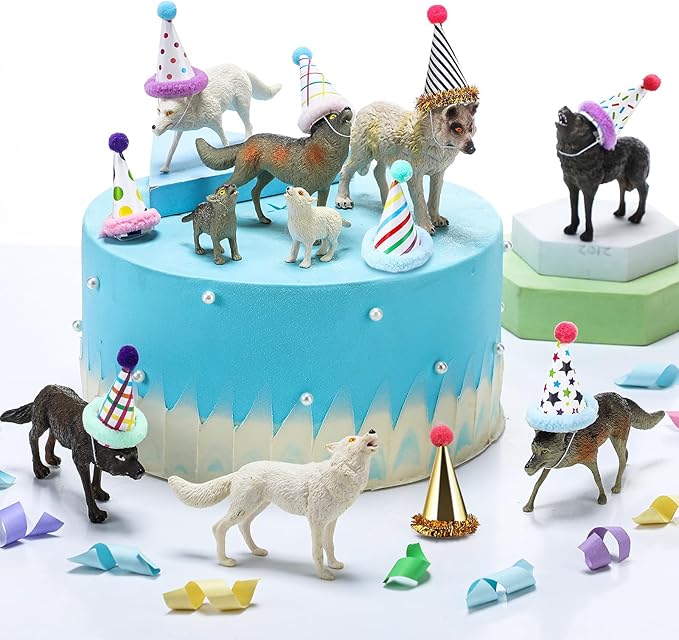 18 Pcs Wolf Miniature Birthday Hats & Figures Cake Toppers with Mini Hat for Birthday Party, Animal Themed Party