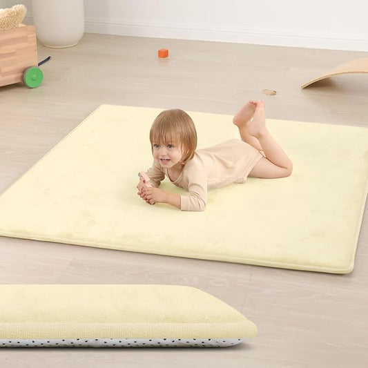 Huloo Sleep Baby Play Mat for Floor,1.3" Thick Elasti-Foam 50"×50" Playpen Mat for Tummy Time,Water Repellent Soft Coral Velvet for Toddler,Infant,Kids,Non-Slip Backing Safe for Crawling(Vanilla)