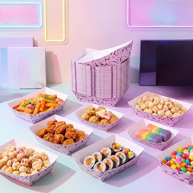50 Pcs K Pop Plates Kpop Party Paper Food Trays Music Theme Heavy Duty Paper Food Boat Disposable Serving Basket for Korean Snack French Fries Nachos Hot Dog Popcorn Picnic Wedding Kpop Party