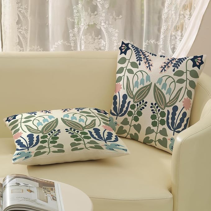 Boho Navy Blue Green Flower Pillow Covers 20x20 Inch Set of 2 Sage Green Floral Throw Pillows Vintage Flower Outdoor Pillowcase Linen Seasonal Decorations Farmhouse Cushion Case for Sofa Home