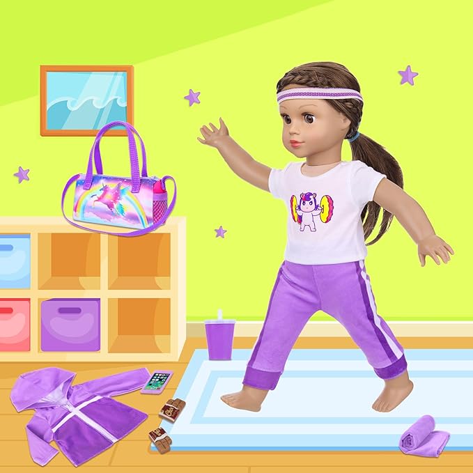 Ecore Fun 18 Inch Doll Clothes and Accessories- Sport Outfit Set, 10 Pcs Girl Doll Clothes Include Sweatshirt Suit, Sport Bag, Headbands ect- Fit Sports Dress up Game