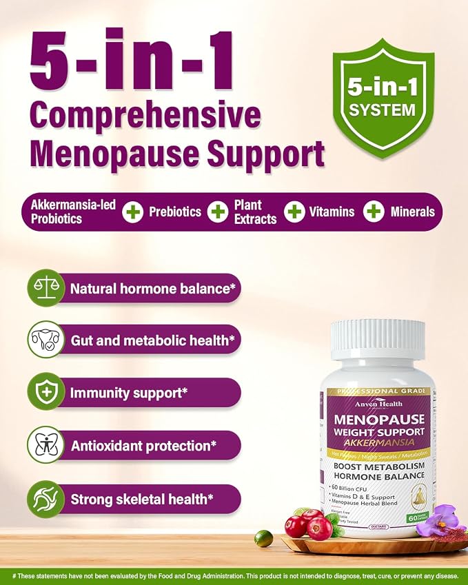 Menopause Relief Probiotics Akkermansia Hot Flashes 120 Caps | 60 Billion with Akkermansia Probiotic & Prebiotic, Vitamin D & E, Hormone Balance, Metabolism, Gut Health, Hot Flashes
