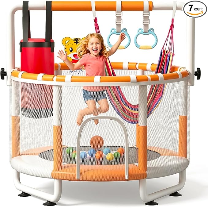 55" Kids Indoor Trampoline with Safety Net, Adjustable Gymnastics Bar & Toys – Indoor/Outdoor Toddler Play Gym for Boys & Girls Ages 3+, Birthday Gifts