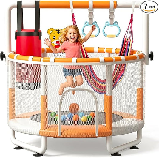 55" Kids Indoor Trampoline with Safety Net, Adjustable Gymnastics Bar & Toys – Indoor/Outdoor Toddler Play Gym for Boys & Girls Ages 3+, Birthday Gifts
