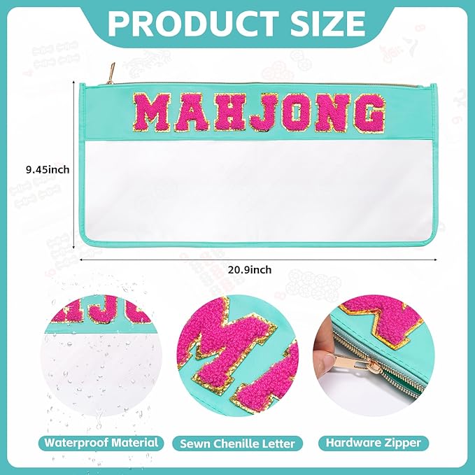 Empty Mahjong Tile Bag with Zipper, PVC Clear American Mahjong Storage Holder with Letter Embroidery for Game Lover Party Travel - Case Only