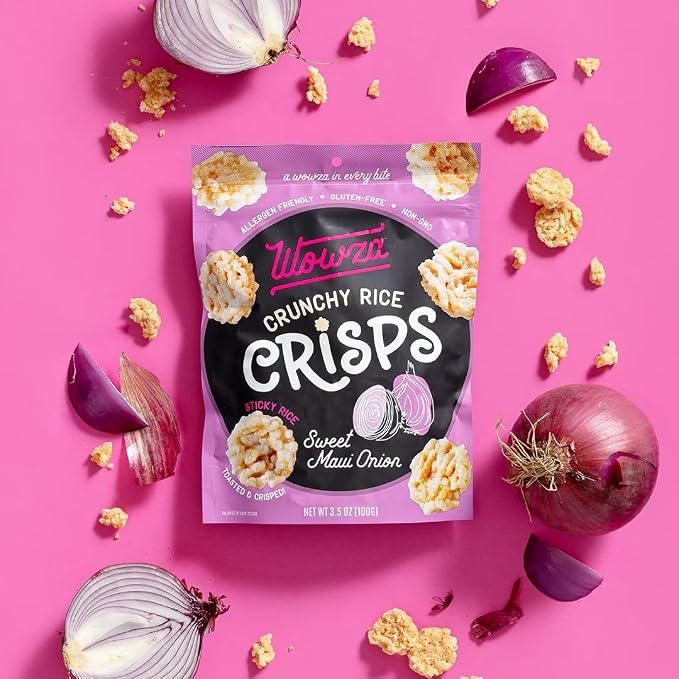 Wowza Sweet Maui Onion Crunchy Rice Crisps | Gluten Free, Non-GMO, 8 Pack | Sweet & savory flavor, Healthy chip alternative, Kid-friendly, 3.5 oz bags, No artificial flavors, Allergen-friendly, Umami