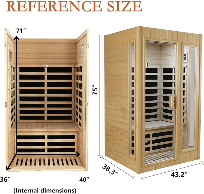 Kanlanth 2 Person Sauna with Side Glass Window, Low EMF Indoor Infrared Saunas for Home, 1500W Hemlock Wood Personal Sauna with 5 Heating Panels, Blue-Tooth, 2 LED Reading Lamps, Control Panel