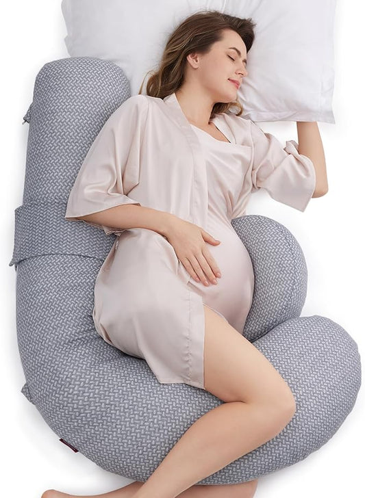 Momcozy Pregnancy Pillow,Original F Shaped Maternity Pillow for Pregnant Women with Adjustable Wedge Pillow, Full Body Support Pregnancy Pillows for Side Sleeping with Velvet Cover, Light Grey