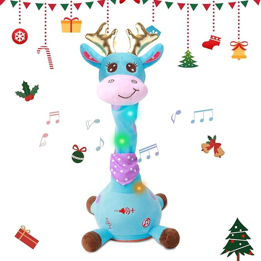LUKETURE Dancing Talking Singing Blue Giraffe Stuffed Plush with Golden Antlers,Interactive Stuffed Animal Toy, Musical Plush with Record & Repeat, Sings 10 Songs, LED Lights