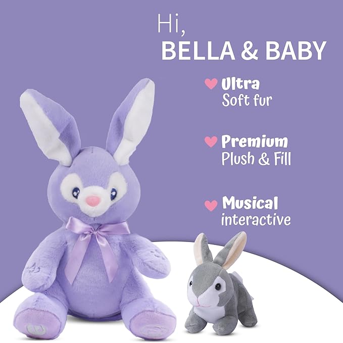 Dimple Bunny Set - Bella Animated Interactive Purple Bunny with Peek-a-Boo Feature and Singing Songs Plus Super-Soft Grey Baby Rabbit Plush - Perfect Baby Plush Toy Gift for Ages 0 and Up