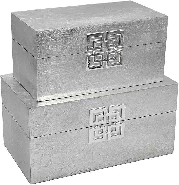 Galt International Storage Box Set Decorative Storage Box w/Hinged Lid Classic Design Wood Decor Boxes with Geometric Clasp Storage for Bedroom & Home - Set of 2 (Silver)