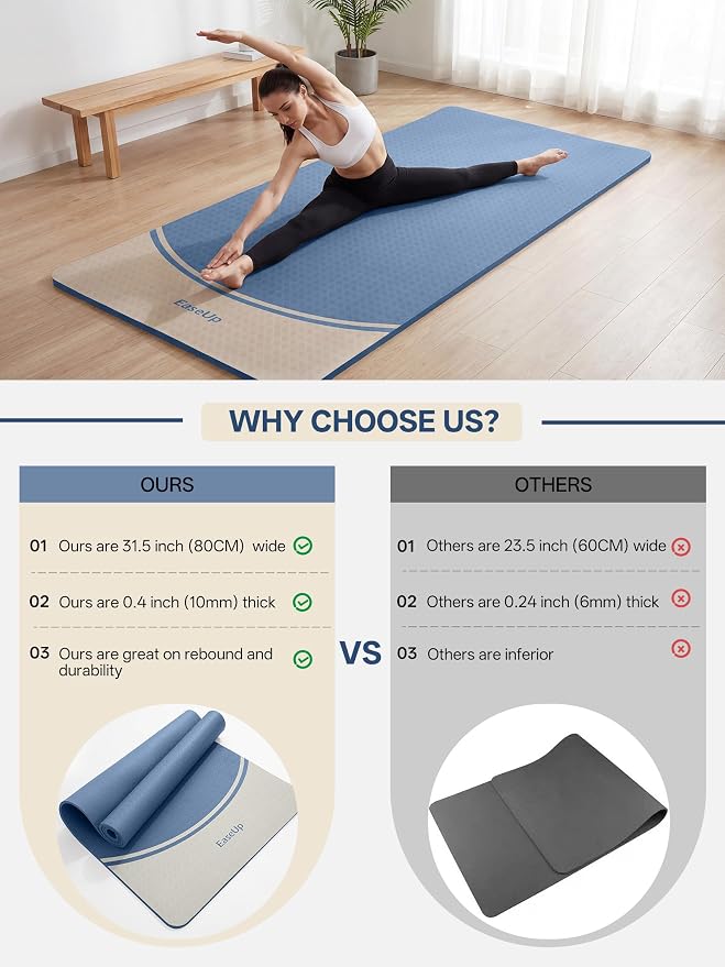 EaseUp Extra Thick Yoga Mat -2/5 inch (10MM), 72.8x31.5" Extra Long-Wide, Professional TPE Non-slip yoga mats for Yoga,Exercise, Workout,Pilates and Fitness, with strap