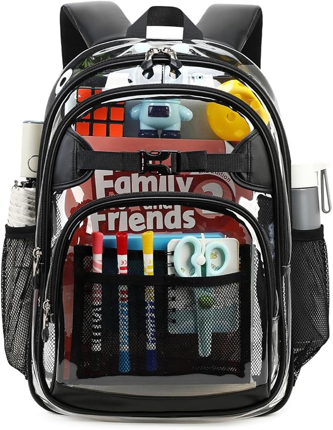 Cusangel Clear kids Backpack for Boys Girls,Black tpu Heavy Duty 16in Transparent Bookbag for School,Student children Bag Stadium Approved See Through Backpack,Stitch Bag durability