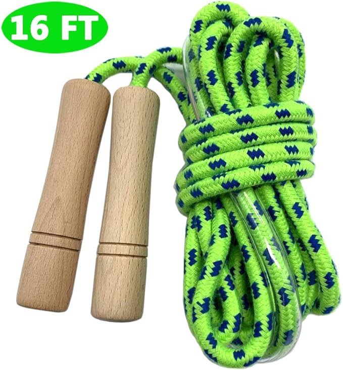 16 FT Double Dutch Jump Rope for Kids - Wooden Handle - Adjustable Cotton Braided Fitness Skipping Rope for Fitness, Outdoor Fun, School Sports, and Party Games