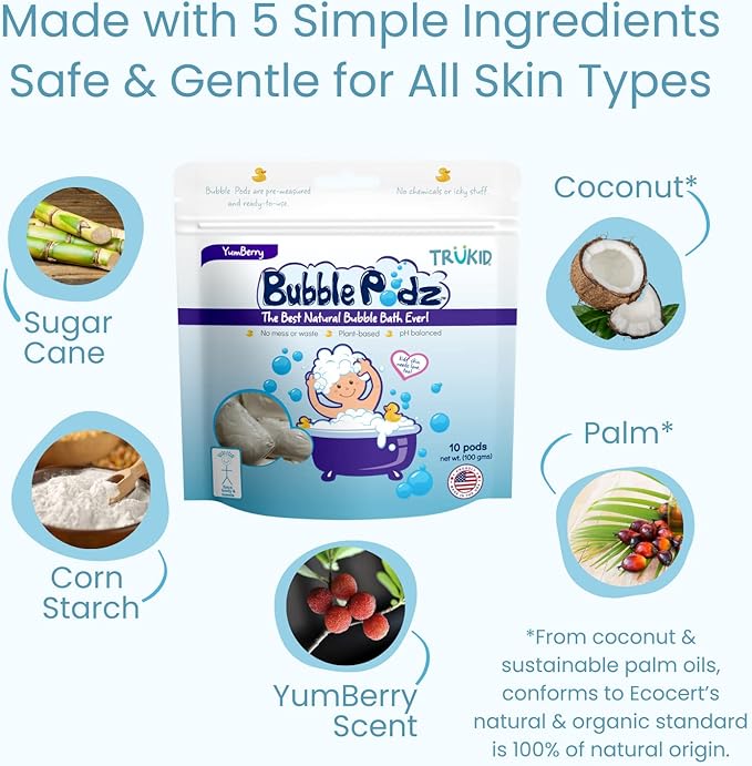 TruKid Bubble Podz Bubble Bath for Kids, Toddlers, & Babies, Tear Free Gentle & Refreshing Bath Bomb for Sensitive Skin with Natural Moisturizers, Non-Toxic, pH Balanced, Yumberry Scent (60 Podz)