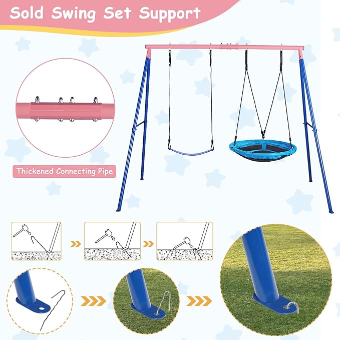 Lunafun Outdoor Swings for Kids, 440lbs, Heavy-Duty A-Frame Metal Outdoor Swing Stand, 1 Saucer & 1 Belt Swing Seat for Playground, Backyard Blue