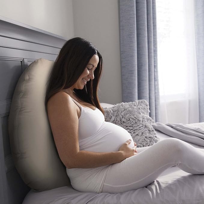 Boppy Cuddle Pregnancy Pillow with Removable Organic Cotton Cover - Compact Ergonomic Maternity Pillow, Versatile Support, Great Side Sleeper Pillow, Washable, with Cooling Rayon Cover - Biscuit