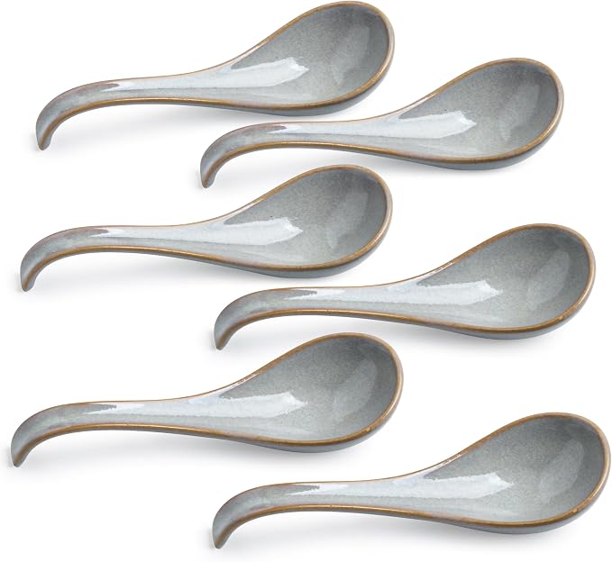 LYEOBOH Ceramic Asian Soup Spoons Set of 6, Ramen Spoons with Long Handle | Japanese Ramen Spoons with Deep Hook Design for Miso Rice, Chinese Soup Spoons for Kitchen, Dishwasher Microwave Safe, Gray