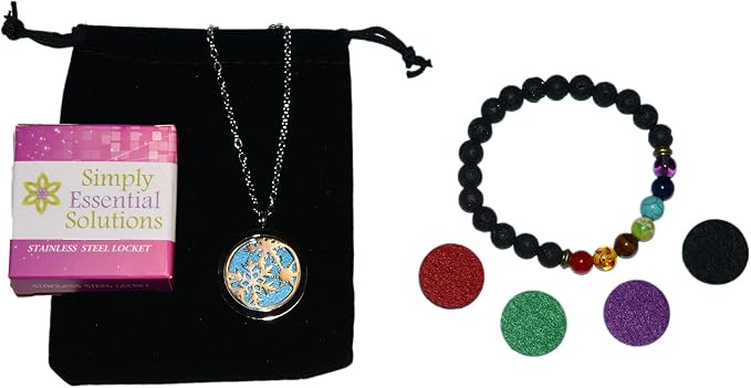 Aromatherapy Essential Oil Diffuser Stainless Steel 30MM Silver Magnetic Locket Pendant with Chain Necklace and Colored Refill Pads & Diffuser Bracelet all in a velvet bag (Snowflake2)