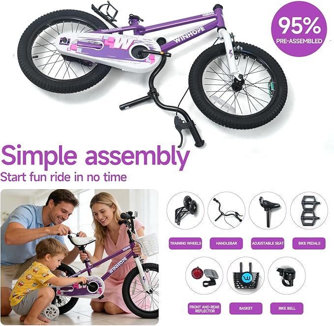 WinHope Kids Bike, 12-18 Inch Toddler Bicycle with Removable Training Wheels and Dual Brakes, Children Bike for Beginner with Adjustable Seat and Headlebar for 2-9 Years Boys Girls, Multiple Colors