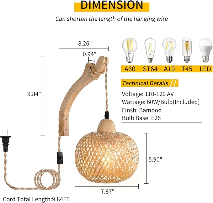 Frideko Bamboo Wall Sconces Set of Two Plug in, Boho Wall Lamp with Plug in Cord, Farmhouse Wall Light Fixtures with 9.84FT On/Off Switch Cord, Rattan Sconces Wall Lighting for Bedroom Living Room