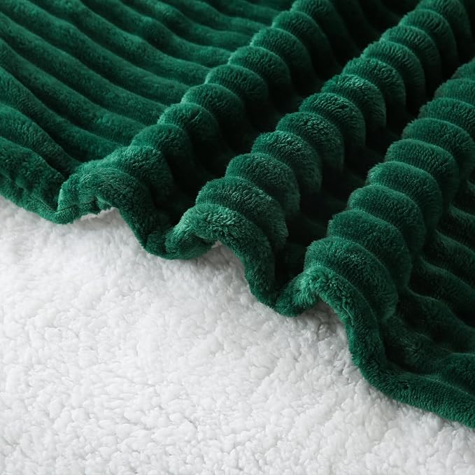Green Sherpa Fleece Throw Blanket 60”×80”for Couch Sofa Bed | Double Side Soft Fuzzy Cozy Plush Thick Flannel Blanket with Striped Design Gift for Adults,Woman