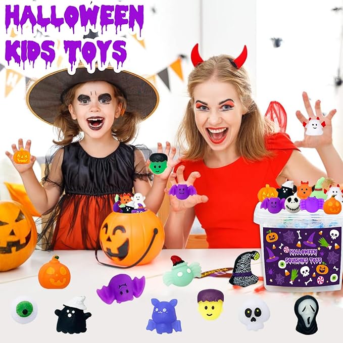 Halloween Party Favors, 120Pcs Squishies Toys for Kids, Mochi Squishy Bulk, Kawaii Mini Squeeze Toys for Halloween Treat, Goodie Bag Stuffers for Boys Girls(Random)