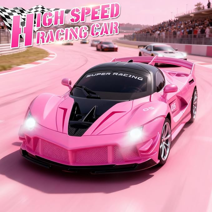 YongnKids Remote Control Car for Girls Kids, Pink RC Race Cars for Girls with Lights, Electric Power On Road Vehicle Toy Christmas Birthday Gift for Kids Age 3+