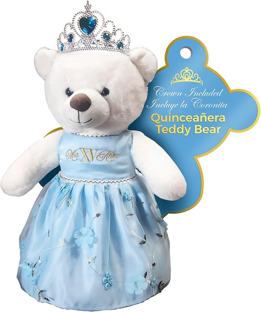 Quinceañera Teddy Bear 18-inches Tall with Dress for 15th Birthday, Quince Bear with Matching Crown, Ideal Keepsake for 15th Birthday, Mis XV Años - Light Blue