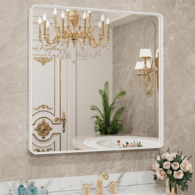 LOAAO 30x30 Inch White Metal Framed Bathroom Mirror for Wall | Rounded Rectangle Bathroom Vanity Mirror, Anti-Rust, Hangs Horizontally or Vertically