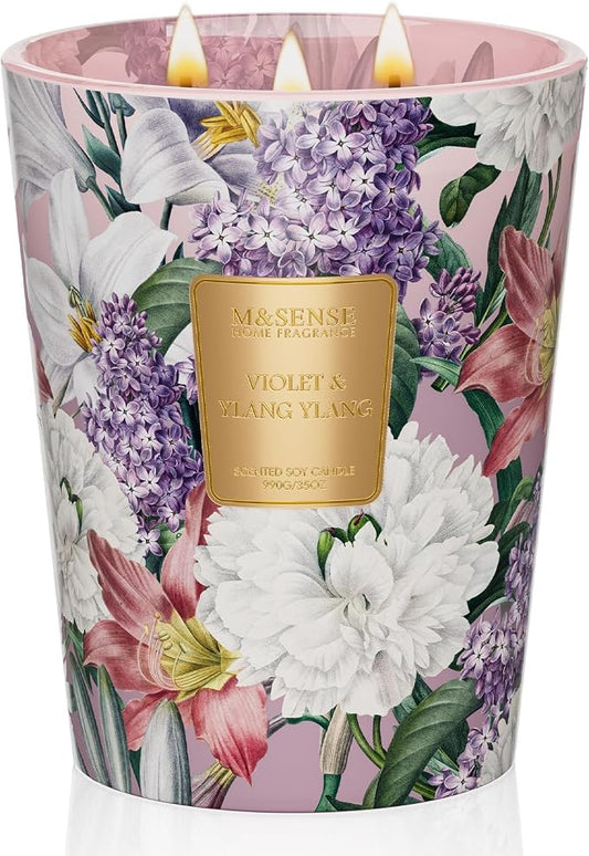 M&SENSE Violet Ylang Ylang Soy Large Candle, 35oz Non Toxic 3 Wick 150H, Floral Calming Sleep Aromatherapy, Self Care Gift