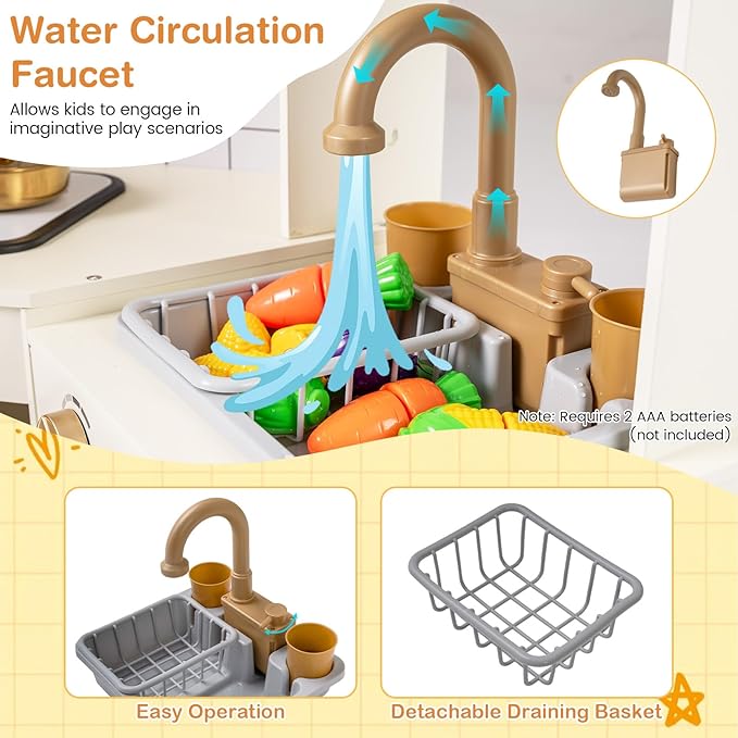 Costzon Kids Corner Play Kitchen, Pretend Play Kitchen Set w/Ice Dispenser, Stoves, Oven, Microwave, Dishwasher, Water Faucet & Accessories, Wooden Toy Kitchen Playset for Boys & Girls 3+
