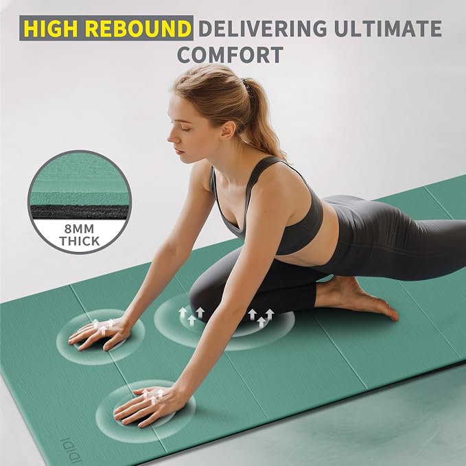 Foldable Extra Large Yoga Mat 74"×31.5", 8mm Double-Sided Non Slip Lightweight Fitness Mat for Man & Woman, Portable for Home Studio & Travel