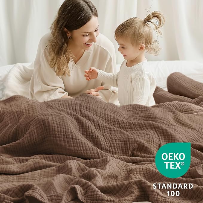 100% Cotton Muslin Blanket Queen 90" x 90", Breathable and Lightweight Cotton Throw Blankets for Bed, Soft Cooling Summer Gauze Blanket for Adults All Season, Tan