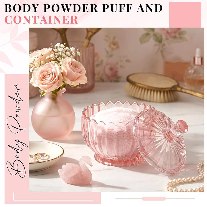 Tioncy 2 Pcs Extra Large Dusting Powder Puff and Container for Women-6'' Glass Crystal Dusting Powder Container Soft Washable Reusable Velour Face(Pink,Scalloped)