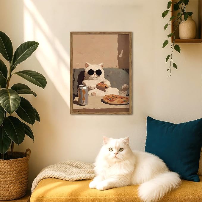 Funny Kitchen Cat Wall Art, Whimsical Animal Wall Decor Painting 3D Textured Sandstone Poster Picture Print Cute Cat Artwork for Bedroom Dining Room Nursery 16x24 inch Wood Framed