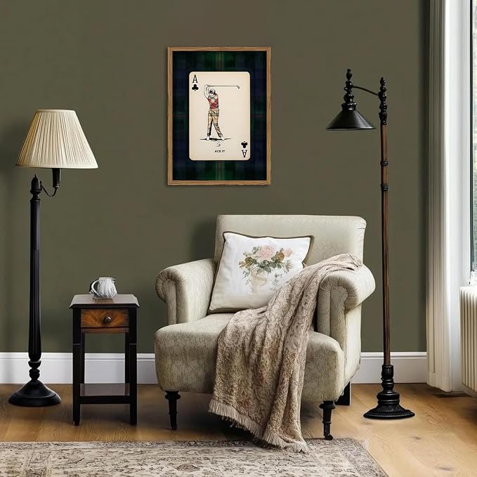 Vintage Golf Wall Art, Playing Card Golfer Sports Wall Decor Paintings Retro Navy Plaid Canvas Prints Picture for Bedroom Living Room Man Cave Country Club 12x16 inch Wood Framed