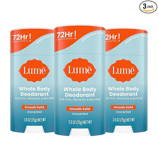 Lume Whole Body Deodorant - Smooth Solid Stick - 72 Hour Odor Control - Aluminum Free, Baking Soda Free and Skin Loving - 2.6 Ounce (Pack of 3) (Unscented)