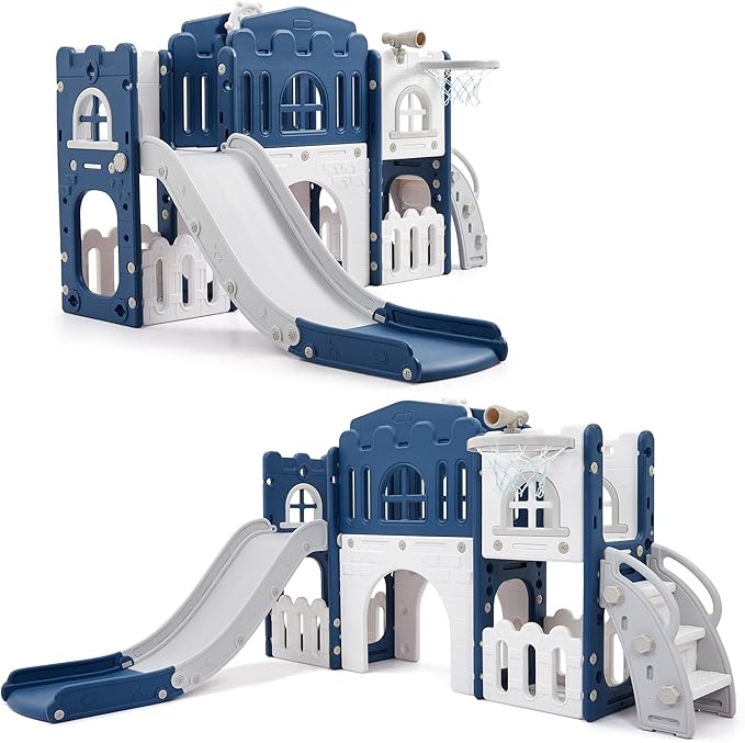 Toddler Slide 8 in 1 Toddler Playset for Toddlers Age 1-3, Baby Playset for Indoor Outdoor Playground with Climber, Crawling Tunnel, Basketball Hoop, Telescope, Toy Storage