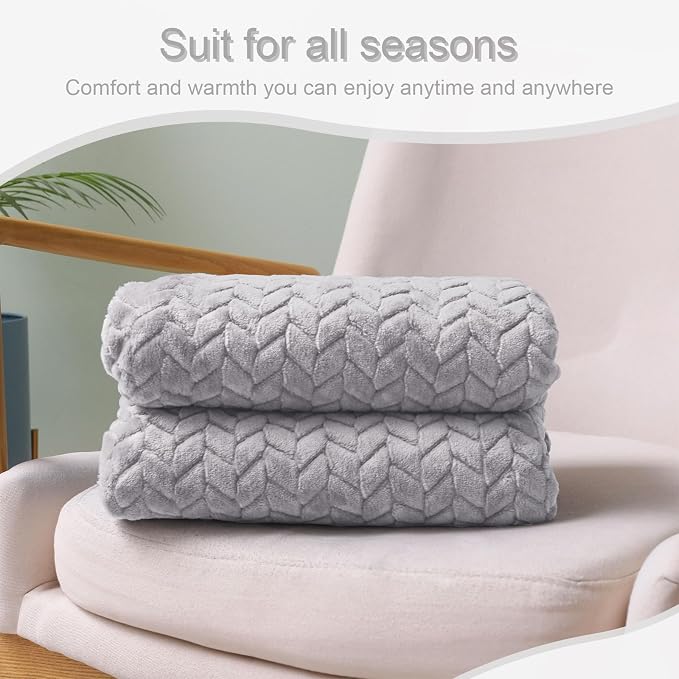 Exclusivo Mezcla Fleece Throw Blanket for Couch Sofa, 50”x70”, Light Grey | Oversized Soft Cozy Fluffy Blankets for Summer, Decorative Plush Flannel Throws for Living room, Bedroom with Leaves Pattern