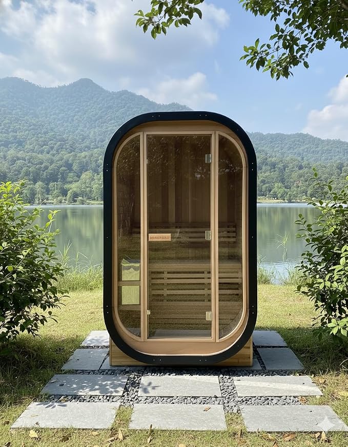 Outdoor Cube Sauna Rooms,2person Canadian Spruce Steam Saunas,54x56x80 H Panoramic Large Space,4.5KW 220V Electric Stove Durable,Easy to Install