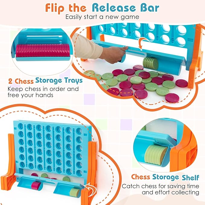 COSTWAY Giant 4 in a Row Game with Storage Carry Bag, Jumbo 4-to-Score Game with Chesses, Quick Release Slider for Kids Adults, Indoor Outdoor Backyard, Free-Standing/Wall-mounting (Red&Orange)