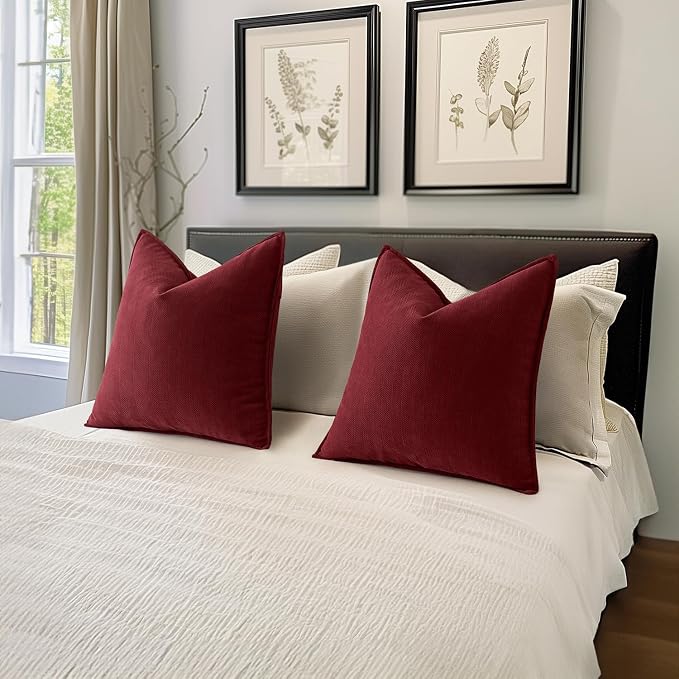 MIULEE Pack of 2 Burgundy Decorative Chenille Pillow Covers 20x20 Inch | Soft Couch Throw Pillows,Farmhouse Cushion Covers with Elegant Design for Sofa,Bedroom,Living Room,Spring Home Decor