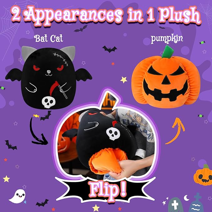 Halloween Reversible Pumpkin Plush, Soft Black Cat Stuffed Animal with Bat Wings and Skull, Halloween Plush Gift Home Decor for Boys Girls 10 Inch
